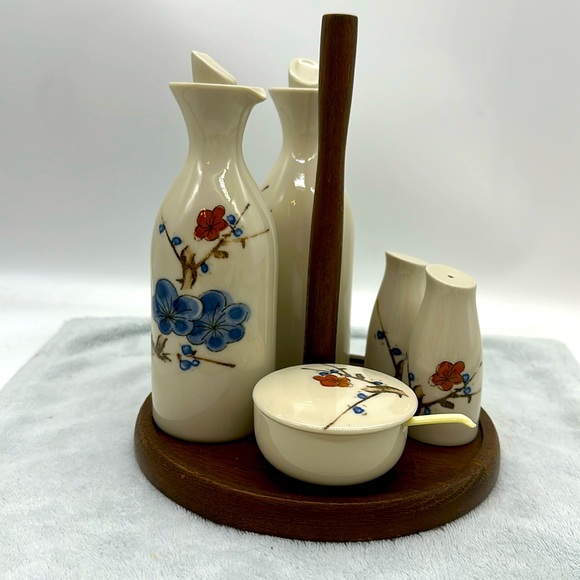 Vintage Cruet 6-Piece Set-Porcelain/Ceramic/Wood with Table Caddy - Picture 1 of 12